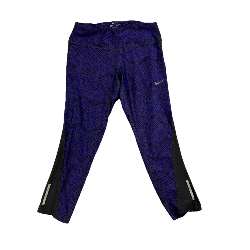 Nike Dri-FIT Womens Purple Black Abstract‎ Print Cropped Leggings Sz Sm Gymrat